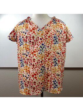 Noracora Womens Floral Short-Sleeve V-Neck Blouse Lightweight Summer Top Size L